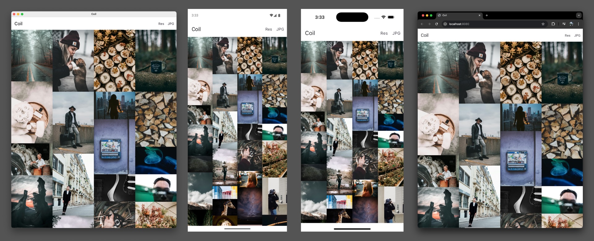 Four screenshots of the Coil sample app running on different platforms